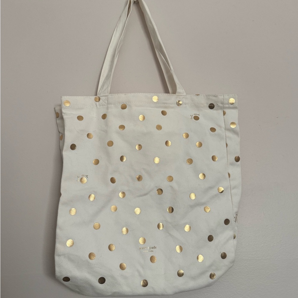 Kate Spade White Fabric with Gold Dots Tote Bag